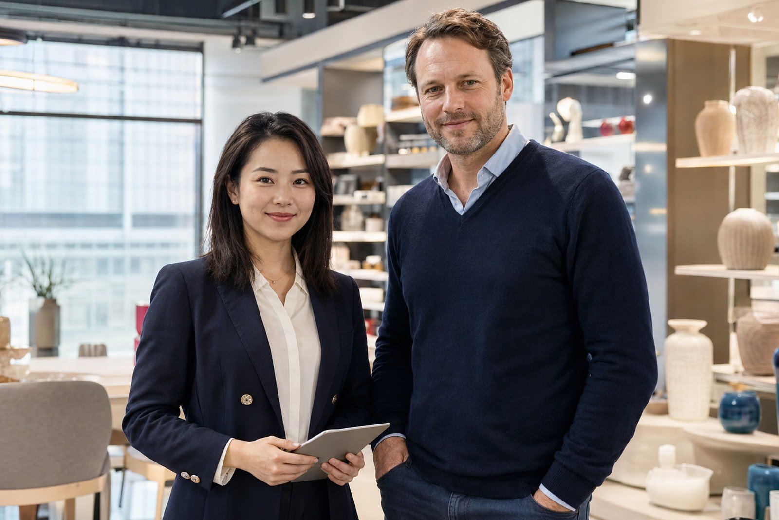 Buyer and supplier reviewing products during a sourcing discussion