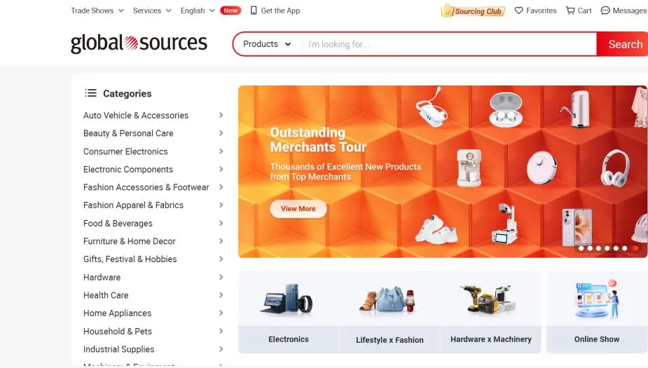 Global Sources English marketplace showing product search and sourcing categories