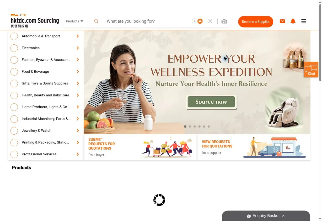 HKTDC Sourcing homepage showing product categories and request-for-quotation tools