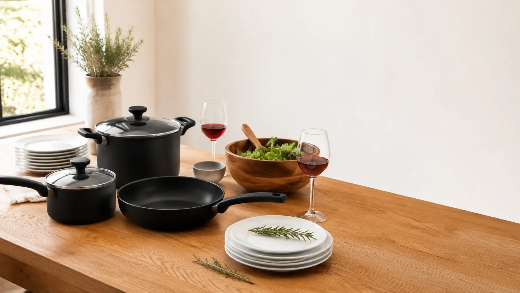 A warm dining table styled with cookware and tableware