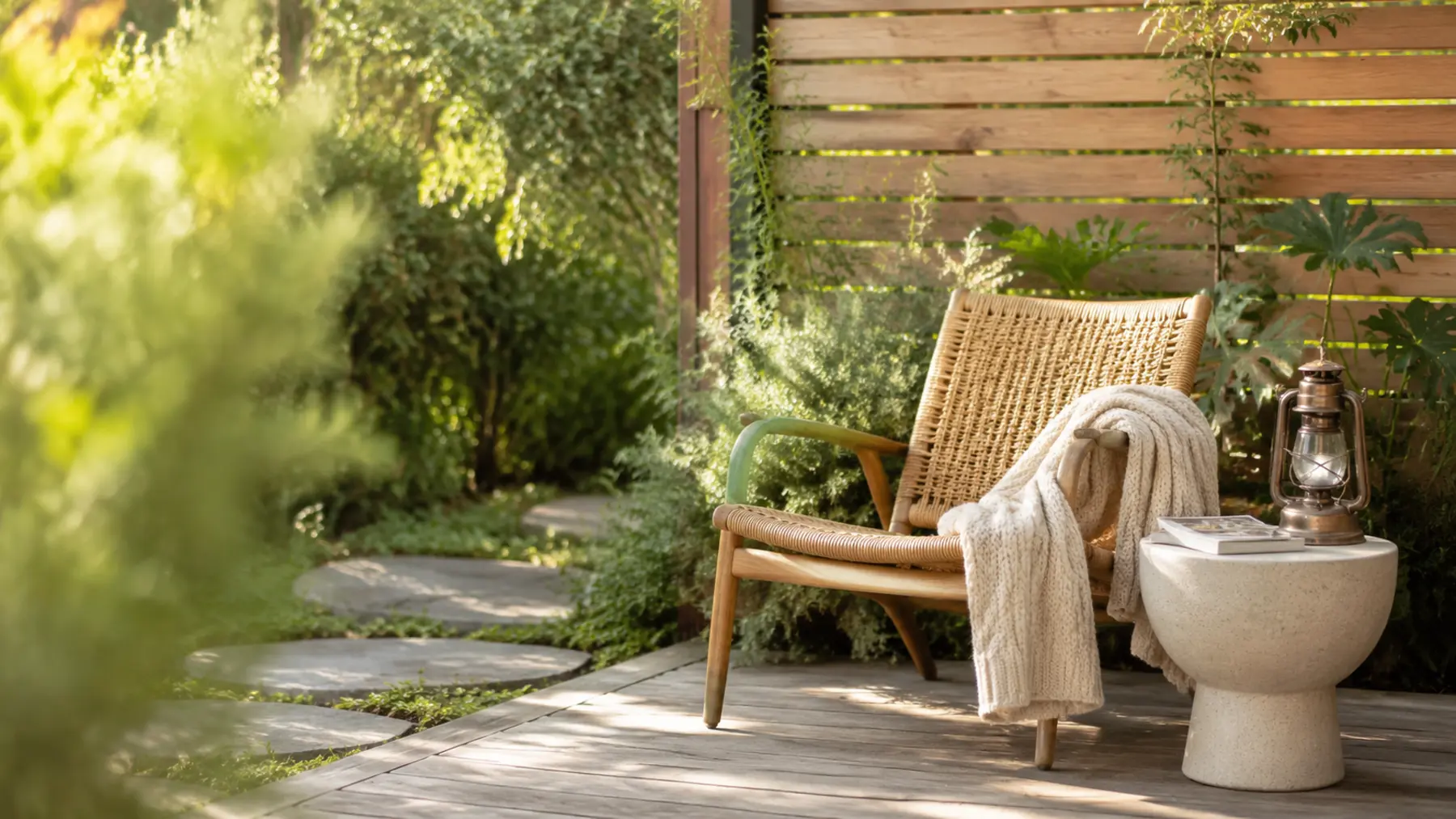 A relaxed outdoor terrace with rattan furniture